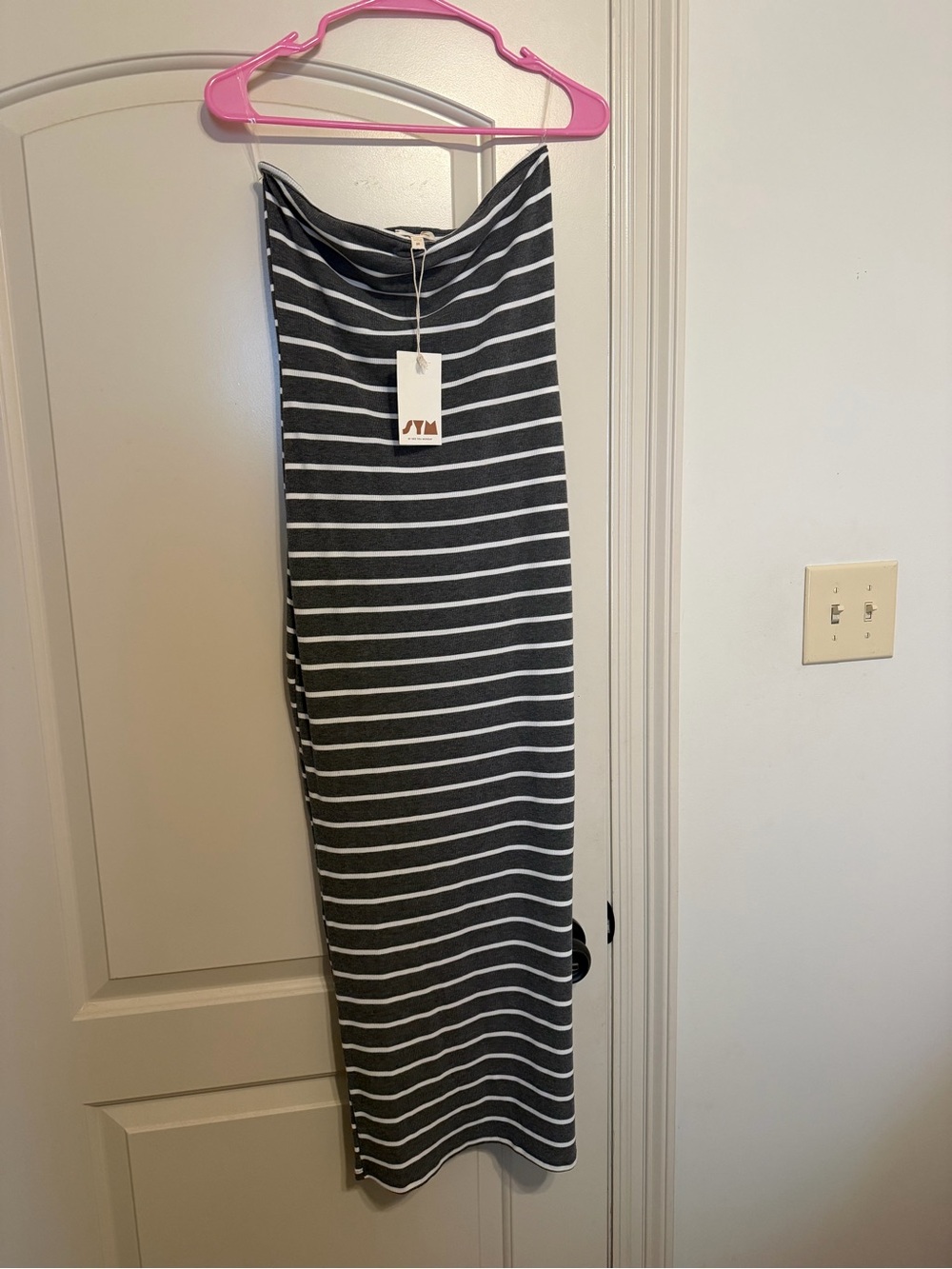 Striped Grey and White Fitted Strapless Dress